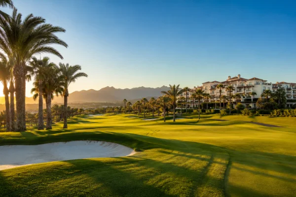 Golf course at sunset on the Costa del Sol, Spain