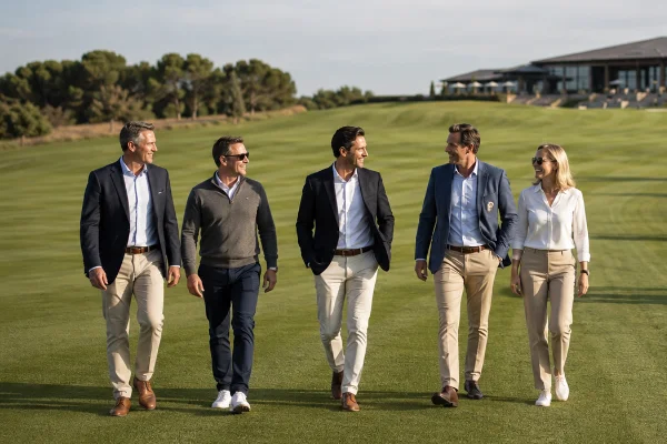 Corporate golf retreat group walking a championship fairway at a premium European golf resort
