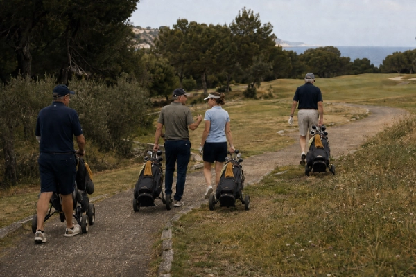Four golfers walking with golf trolleys on a Mediterranean course in southern Europe.